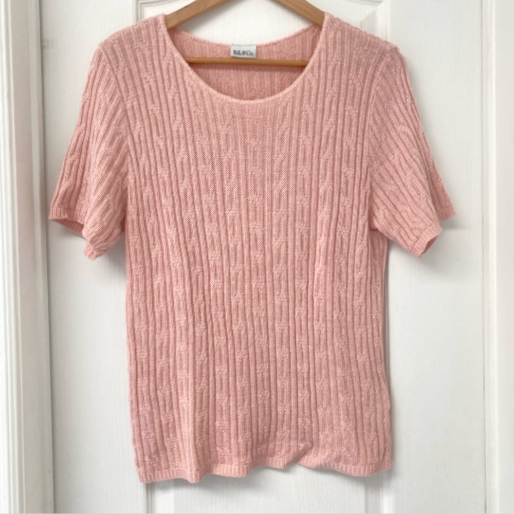 BK & Co Cable Knit Short Sleeve Sweater - Blush Pink | Made in Canada | Size L